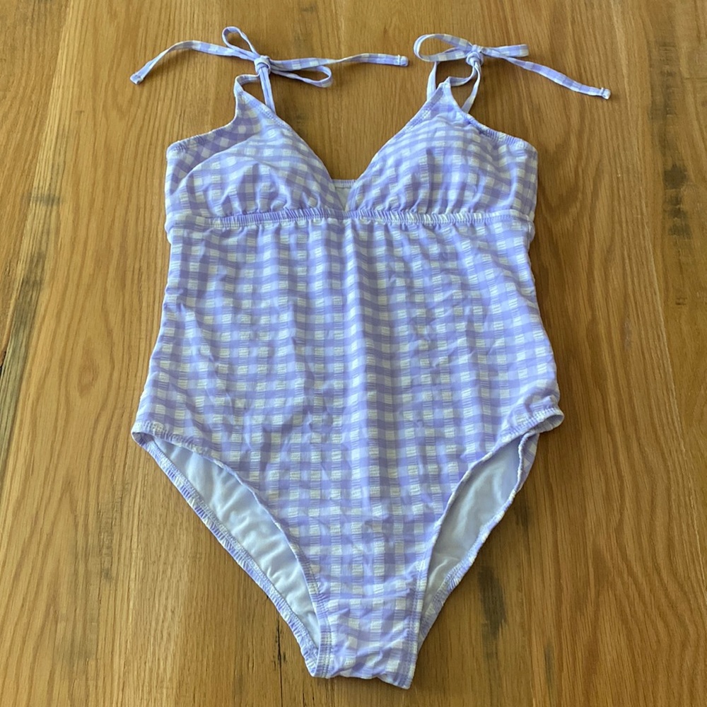 Kona Sol purple plaid one piece swim suit